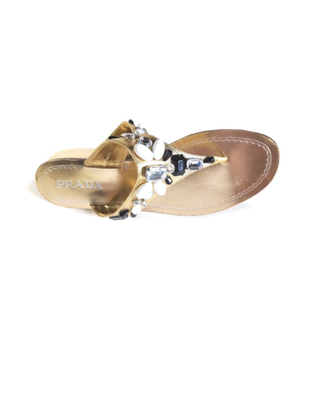 Prada Flat Leather Thong Sandals in Gold with Rhinestones Womens Size 7 - Picture 5 of 14